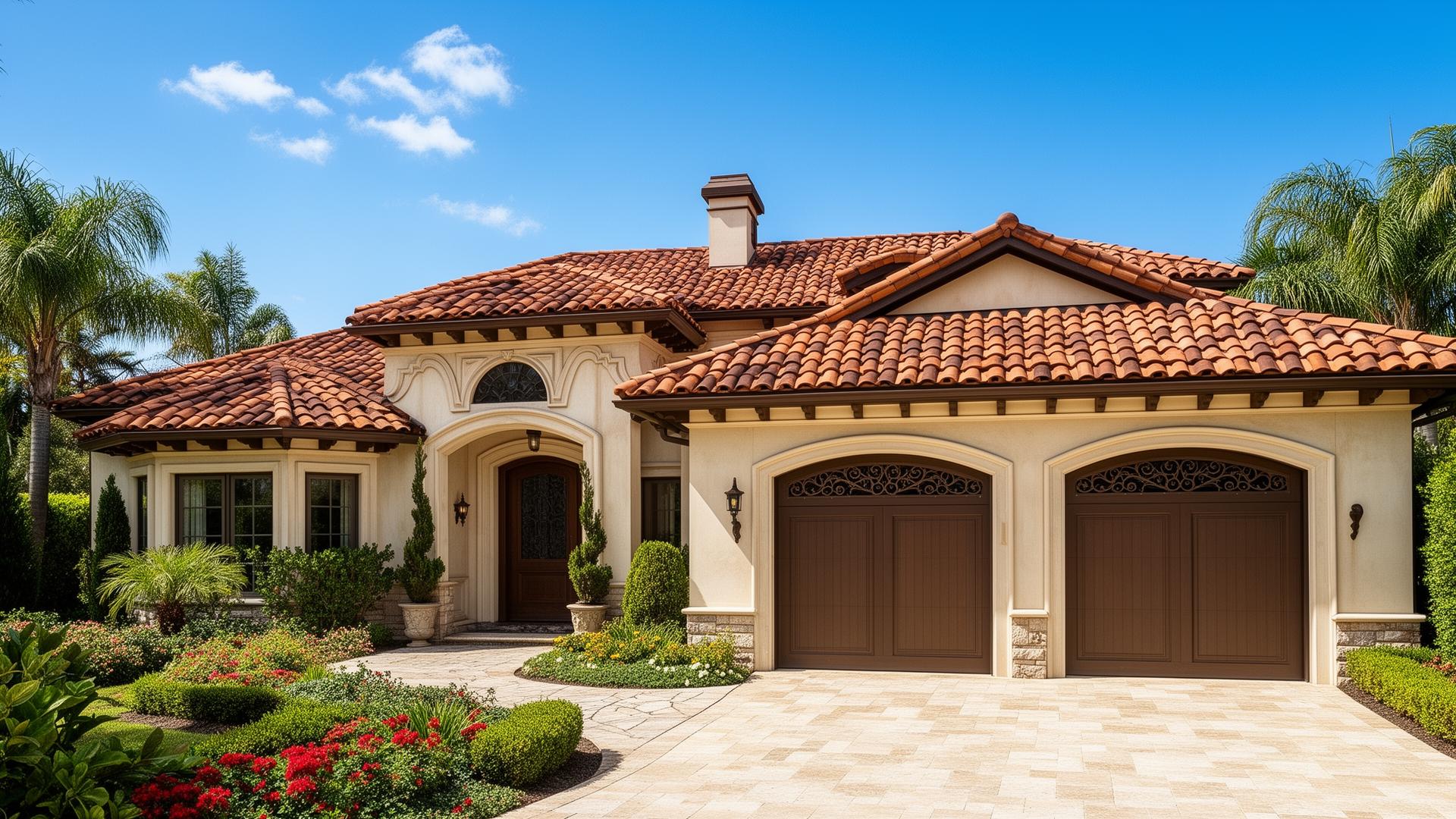Luxury Mediterranean villa with Victorian style garage doors featuring ornate trim details